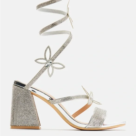 Silver butterfly wrap around heeled sandals - Picture 2 of 5